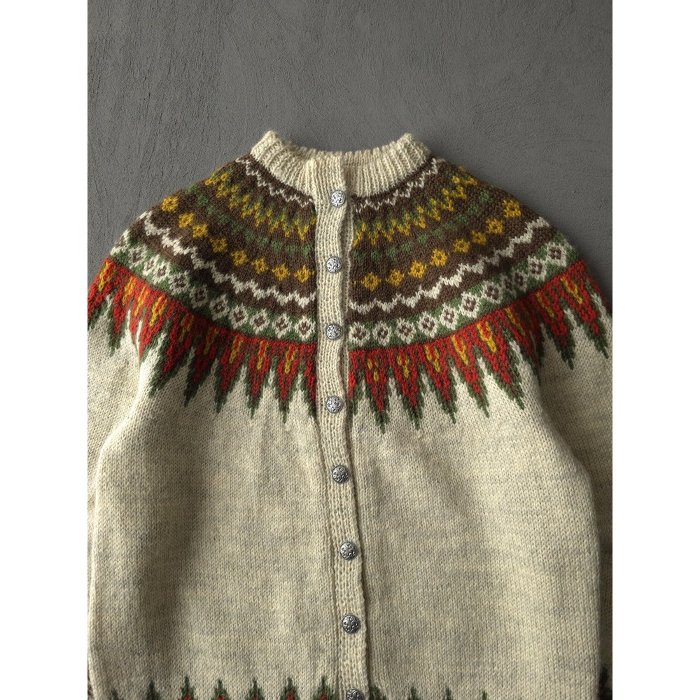 Handknit Cream Wool Cardigan with Multicolor Fair Isle Yoke - Picture 2 of 8